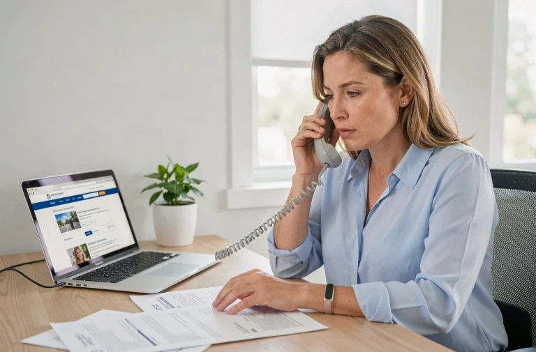 Femme contactant un conseiller ANTS par téléphone depuis son bureau à domicile avec des documents administratifs