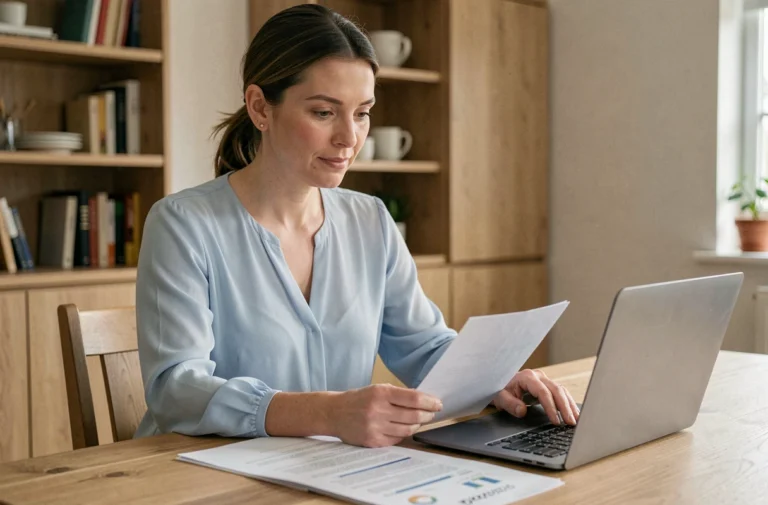Femme consultant des documents de crédit à la consommation sur un ordinateur portable à la maison