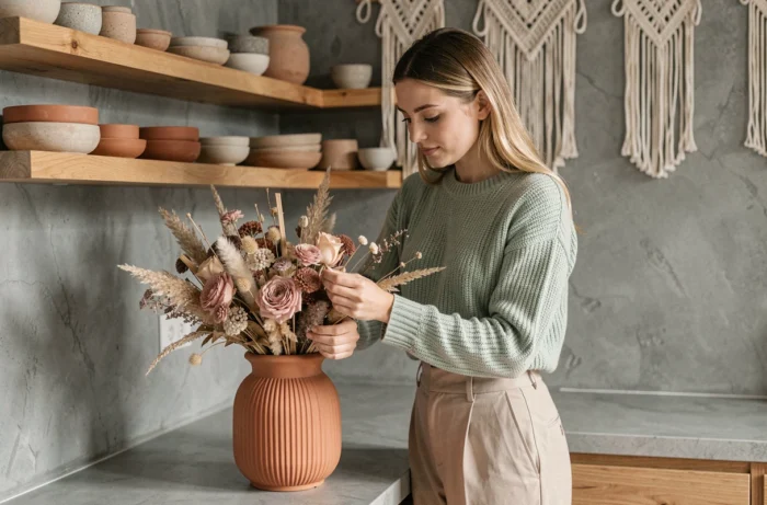 Femme arrangeant un bouquet de fleurs séchées dans un vase en terre cuite sur un plan de travail de cuisine moderne aux tons neutres