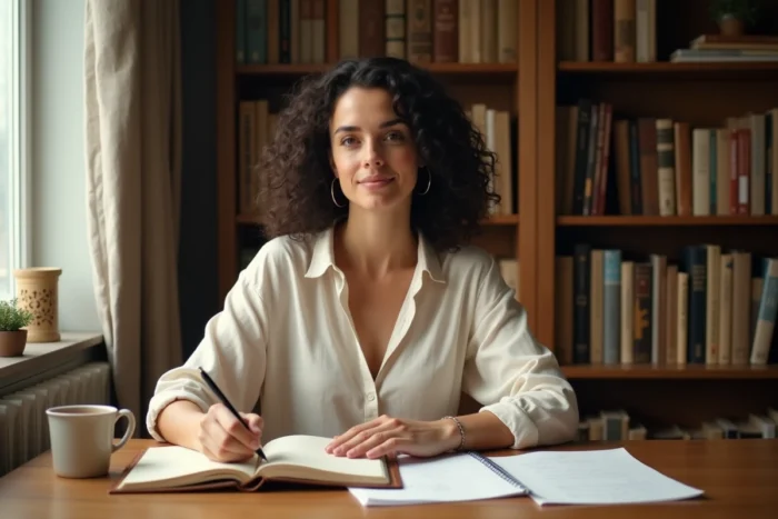 Femme écrivant un poème dans un carnet à la main, assise à un bureau en bois entouré de livres