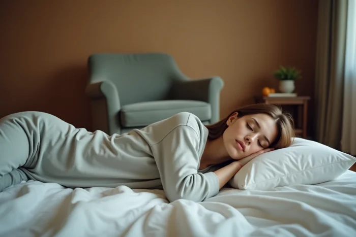 Femme endormie dans un lit face à un fauteuil dans une chambre à coucher réaliste