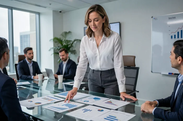 Professionnelle de la finance présentant des rapports de tendances économiques lors d'une réunion en salle de conférence