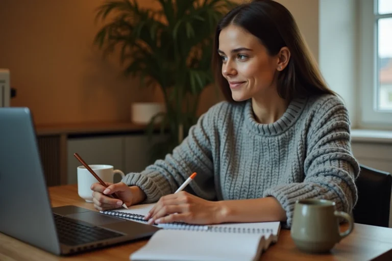 Femme concentrée suivant une formation en ligne depuis son bureau à domicile, prenant des notes dans un carnet
