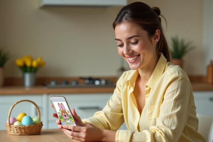 Femme souriante envoyant un GIF animé de Pâques depuis son smartphone dans une cuisine décorée pour les fêtes