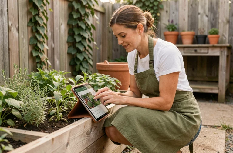 Femme utilisant une tablette dans son jardin pour consulter les dernières tendances jardinage en ligne