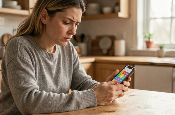 Femme jouant au jeu 4 Images 1 Mot sur smartphone, cherchant un mot de 9 lettres