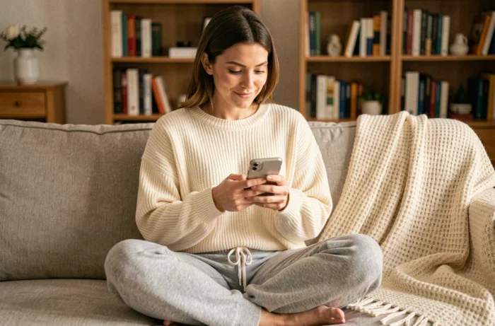 Une femme intriguée lisant un message 'salut toi' sur son téléphone chez elle
