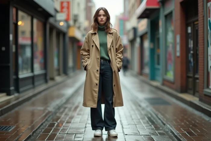 Femme en trench coat beige oversize et sneakers blanches adoptant la mode urbaine tendance en ville