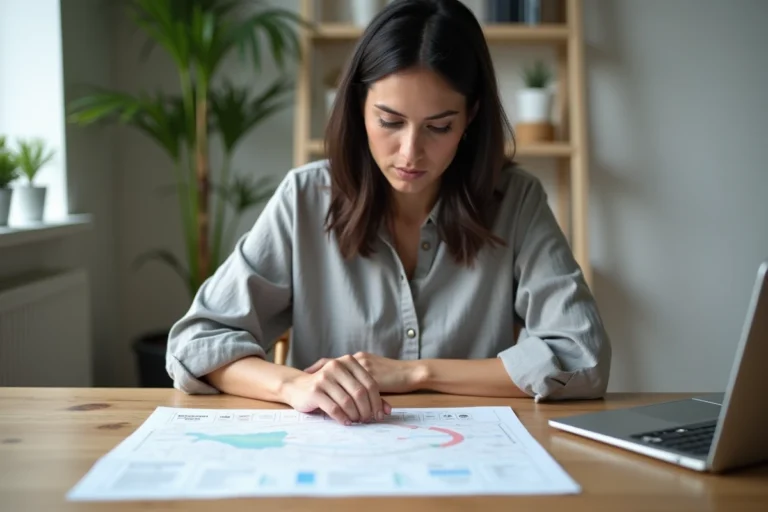 Femme consultant un plan de site web imprimé sur un bureau en bois dans un bureau à domicile moderne