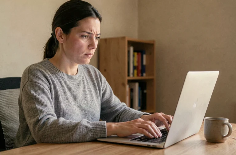 Femme cherchant la nouvelle adresse d'un site de streaming sur son ordinateur portable à domicile