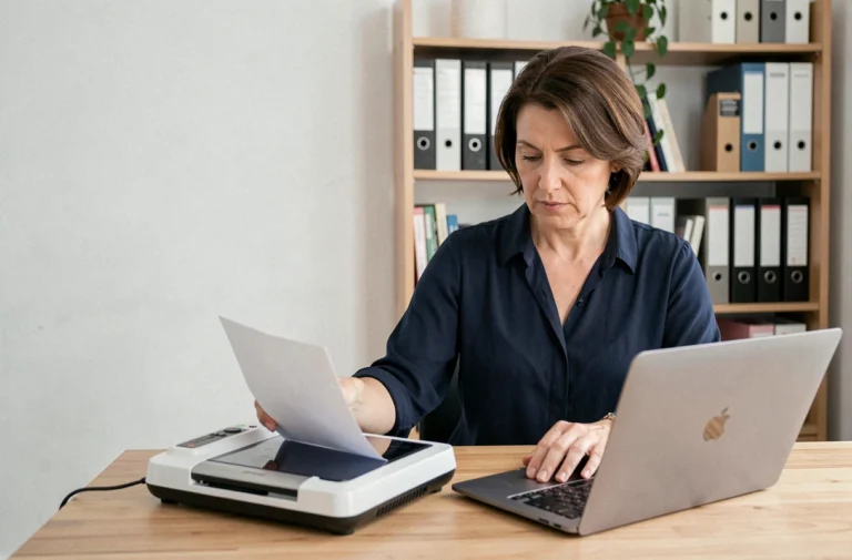 Femme scannant des documents administratifs pour les envoyer à Agirc-Arrco par internet