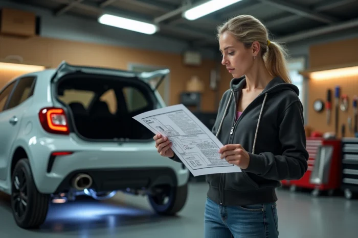Femme consultant un schéma de ligne d'échappement dans un garage domestique pour identifier des pièces auto