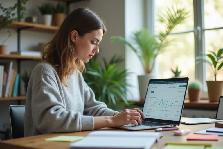 Femme travaillant sur une stratégie web en 2024 depuis son bureau à domicile avec un ordinateur portable et des notes