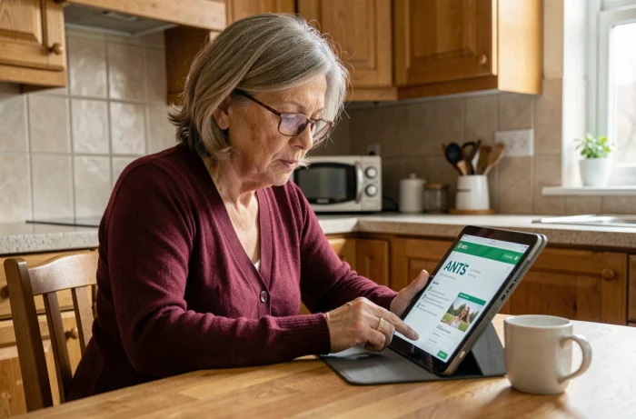 Frau, die ein Tablet benutzt, um einen ANTS-Mediator online von ihrer Küche aus zu kontaktieren