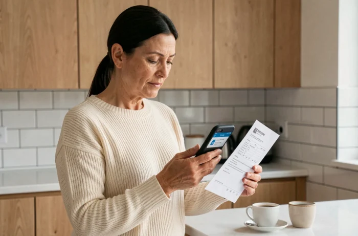 Femme téléchargeant des documents retraite Agirc-Arrco depuis son smartphone à domicile