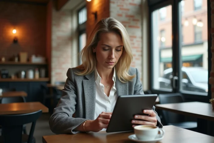 Femme d'affaires consultant des avis en ligne sur une tablette dans un café, visage sceptique face à des plateformes d'investissement douteuses