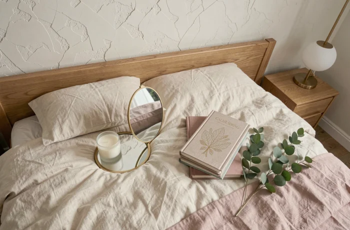 Flat lay de décoration tendance CallMeSpring sur un lit en lin froissé avec vase, miroir doré, bougies et livres de design dans une chambre épurée