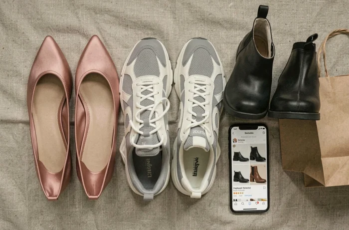 Flat lay of three trendy pairs of shoes including ballerinas, sneakers, and ankle boots with a smartphone displaying an online store
