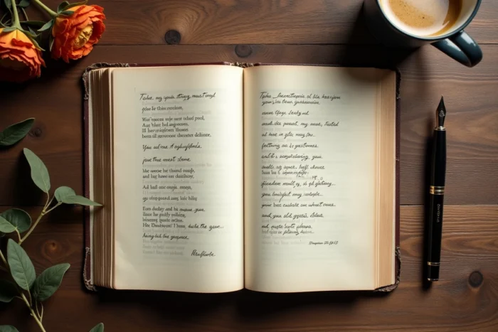 Flat-lay d'un livre de poésie ouvert avec un stylo plume et des vers manuscrits sur papier crème