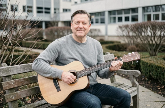 Musicien convalescent assis dans un jardin d'hôpital avec une guitare, symbolisant l'espoir et la guérison