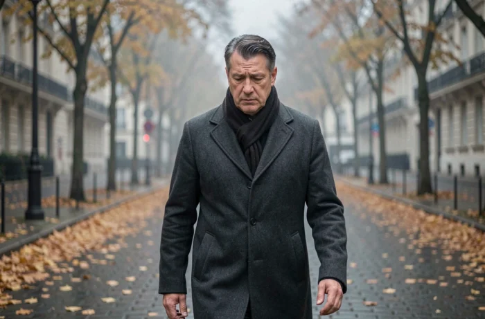 Homme en manteau marchant seul dans une rue parisienne en automne, symbolisant le chemin parcouru face à la maladie