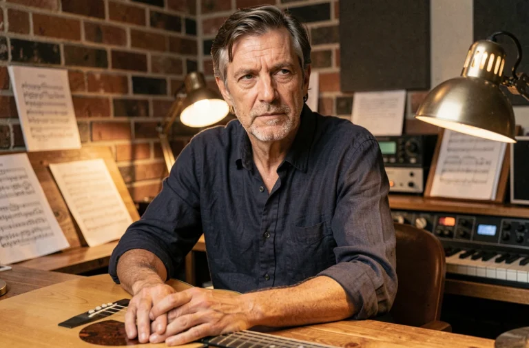 Musicien français introspectif assis dans un studio d'enregistrement, évoquant la résilience face à la maladie