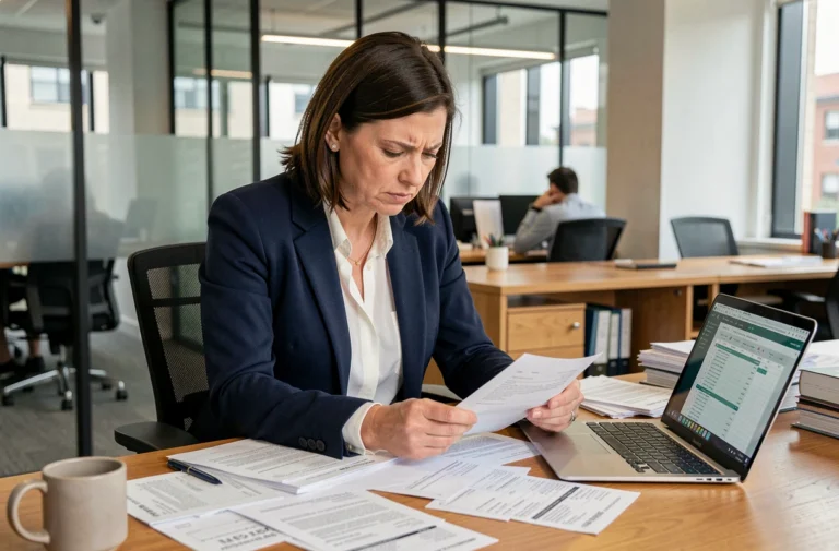 Femme professionnelle triant des reçus et notes de frais sur un bureau d'entreprise moderne