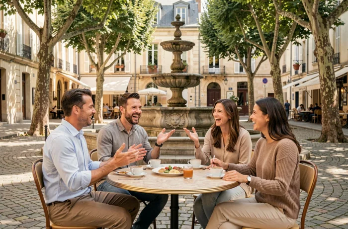 Groupe d'amis se retrouvant en terrasse d'un café sur une place animée de Cholet