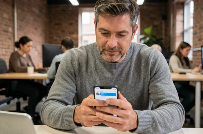 Homme confirmant un rendez-vous professionnel sur smartphone dans un espace de coworking