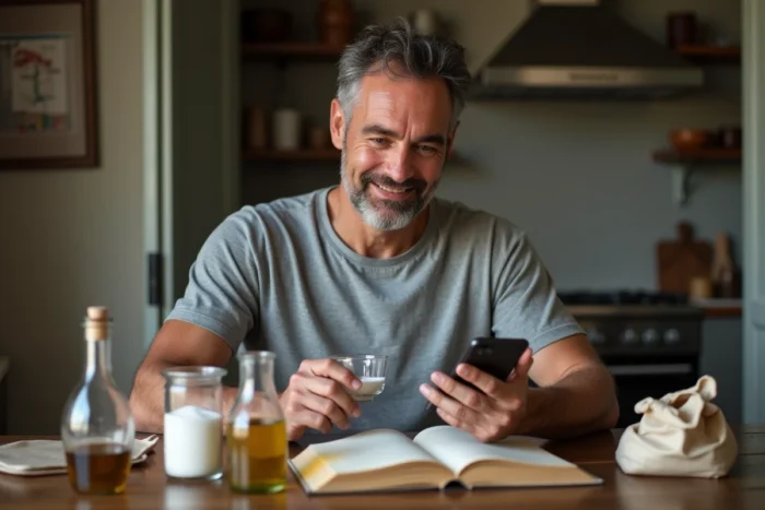 Homme consultant une table de conversion grammes en millilitres sur son téléphone tout en mesurant des ingrédients dans une cuisine rustique