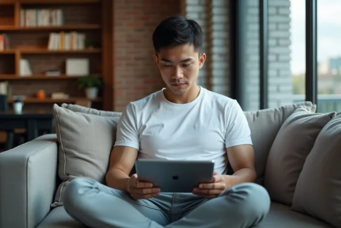 Jeune homme suivant un cours en ligne sur une tablette depuis son appartement moderne, expression concentrée et détendue