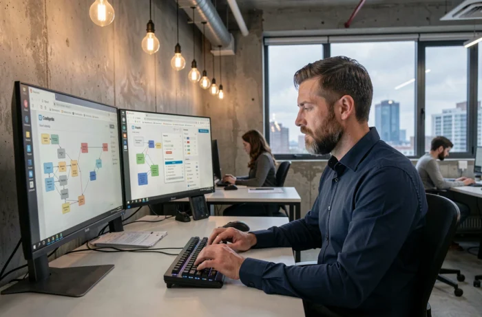 Homme travaillant sur deux écrans affichant des flux d'automatisation dans un espace de coworking urbain, symbolisant un revenu passif et l'efficacité numérique