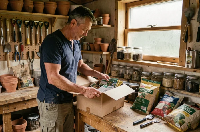 Mann packt eine Online-Gartenbestellung in seiner Gartenwerkstatt aus