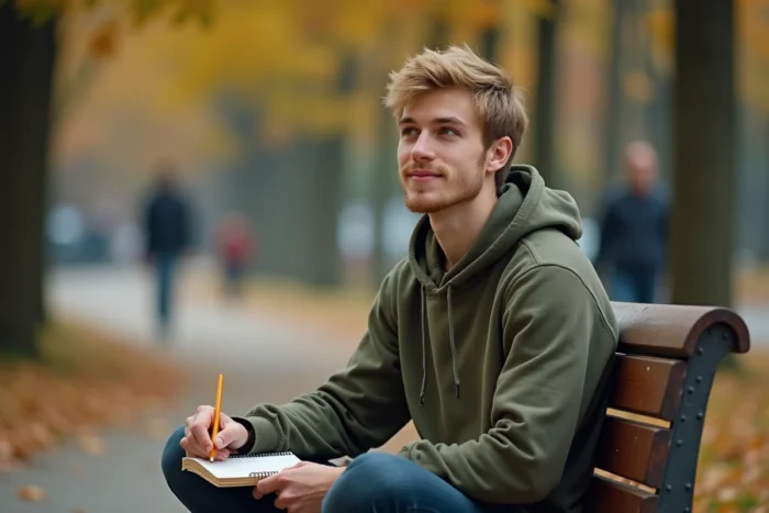Jeune homme écrivant un poème dans un carnet sur un banc de parc en automne