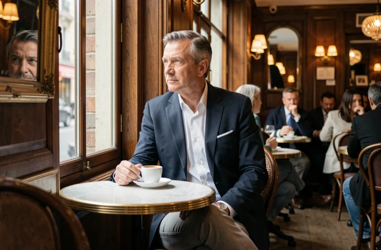 Homme élégant dans la cinquantaine attablé dans un café parisien, regard discret et atmosphère intime évoquant la vie privée