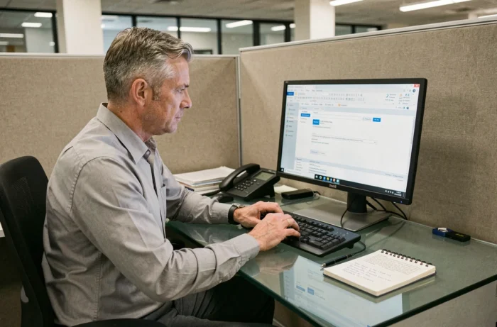 Homme envoyant des documents volumineux par mail depuis un bureau professionnel