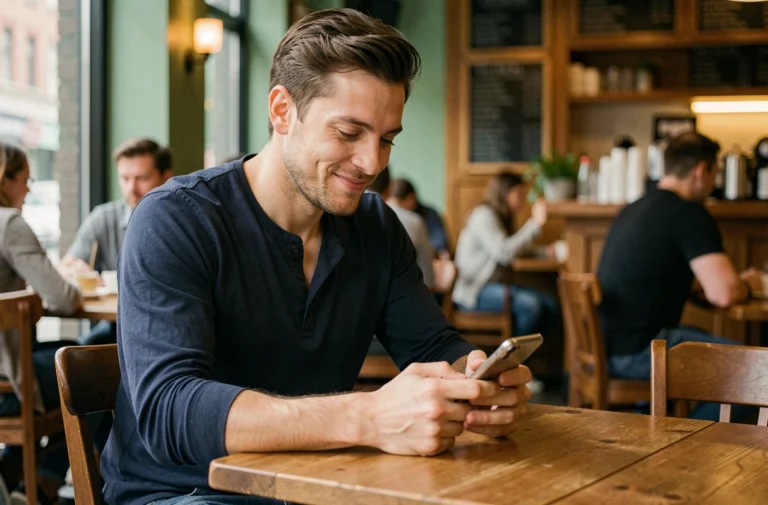 Un homme souriant qui envoie un message 'salut toi' sur son téléphone dans un café