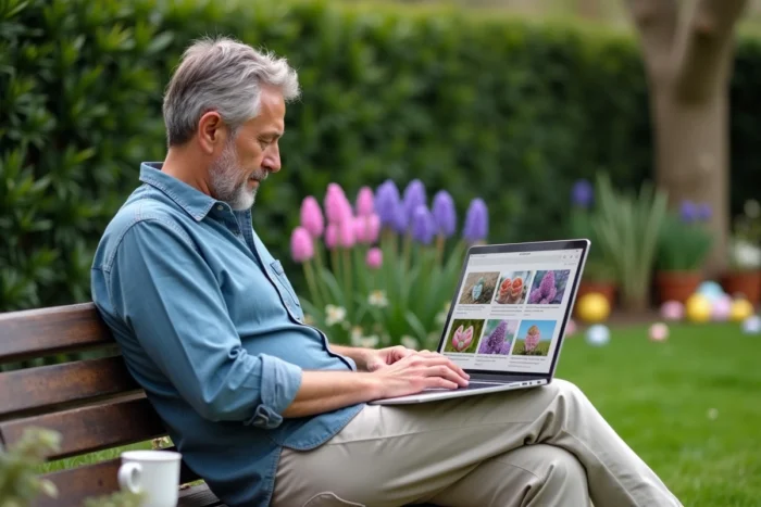 Homme parcourant des GIFs animés de Pâques sur son ordinateur portable dans un jardin fleuri au printemps