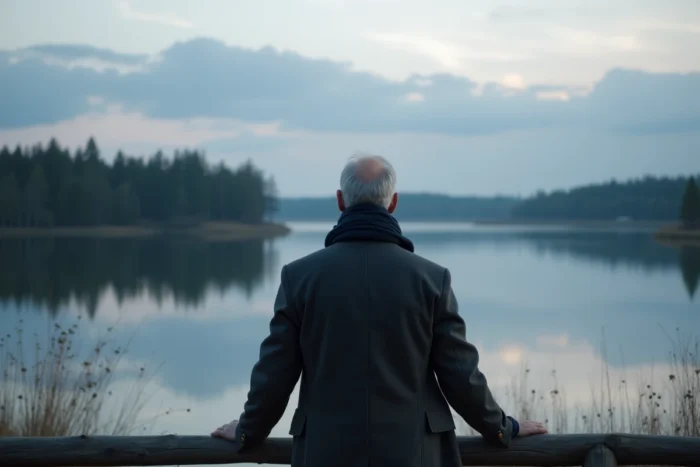 Homme contemplatif au bord d'un lac calme au crépuscule, symbolisant la paix intérieure et le deuil apaisé