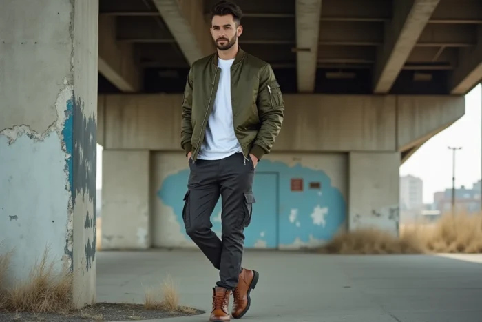 Homme en blouson bomber olive et cargo pants gris adoptant les tendances mode urbaine masculine