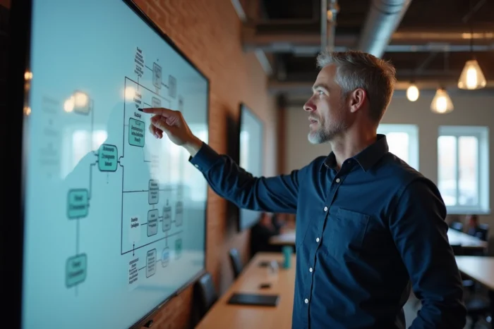 Homme présentant un plan de site web hiérarchique sur un grand écran dans un espace de coworking