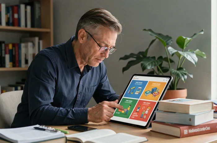 Homme cherchant la solution d'un mot de 9 lettres sur tablette dans un bureau à domicile