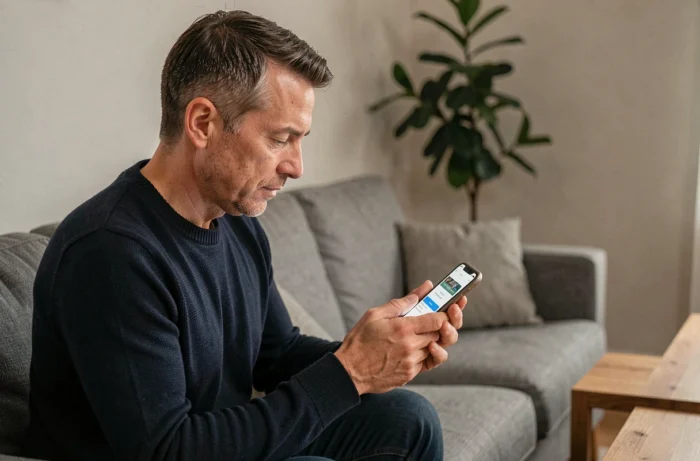 Homme consultant une demande de crédit à la consommation sur smartphone dans son salon