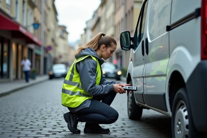 Technicienne installant un dispositif de géolocalisation GPS sur un véhicule de livraison en milieu urbain
