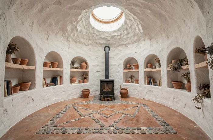Intérieur d'une maison en cob avec dôme en terre cuite, poêle rocket et sol en argile poli en Bretagne rurale