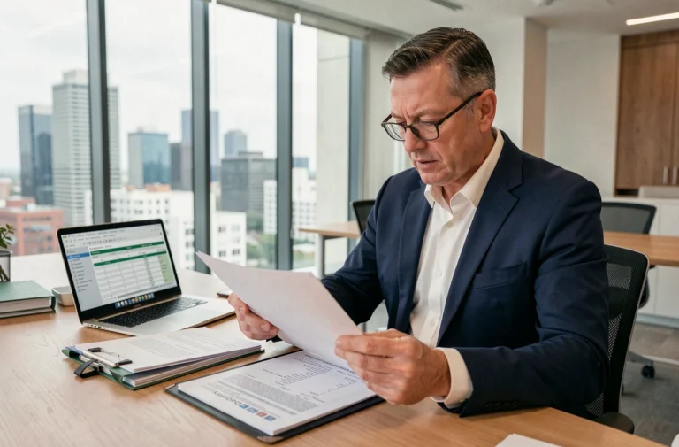 Investisseur immobilier analysant un tableau d'amortissement de parking dans un bureau moderne