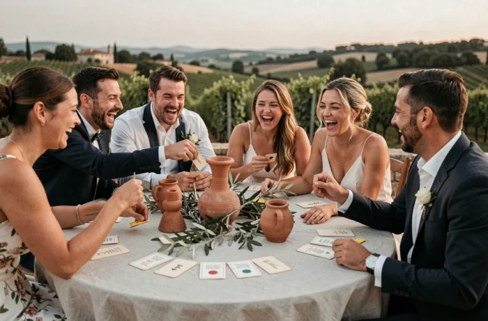 Invitados de una boda jugando a un juego de mesa animado durante una cena al aire libre en una terraza provenzal
