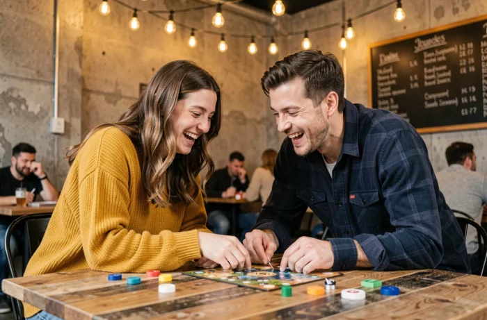 Deux amis jouant à un jeu de société dans un café urbain tendance, loisir convivial et divertissement entre amis