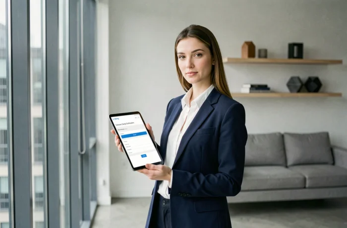 Jeune femme confirmant sa venue à un événement en ligne via tablette dans un appartement moderne