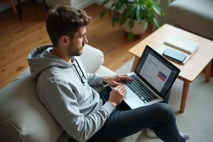 Jeune homme comparant des offres d'assurance en ligne depuis son canapé avec un ordinateur portable et un smartphone